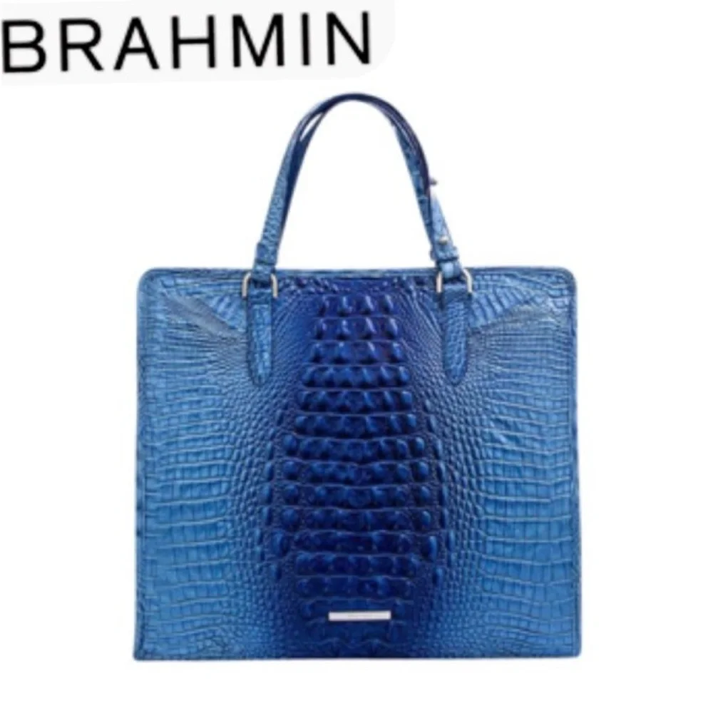 NWT BRAHMIN TIA ELECTRIC BLUE OMBRE MELBOURNE CROC-EMBOSSED LEATHER SATCHEL‎